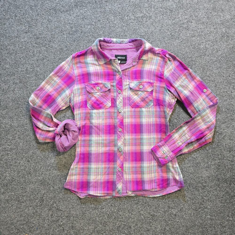 Marmot Top Womens Size Small Purple Pink Plaid Nylon Long Sleeve Button Outdoors